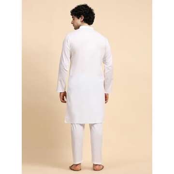 SKAVIJ Men's Tunic Cotton Kurta Pajama Indian Yoga Casual Dress Set (Large, White)