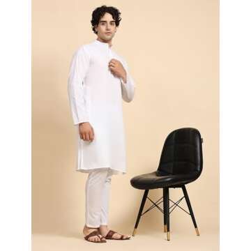 SKAVIJ Men's Tunic Cotton Kurta Pajama Indian Yoga Casual Dress Set (Large, White)