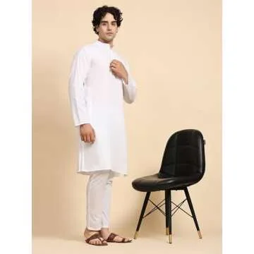 SKAVIJ Men's Tunic Cotton Kurta Pajama Indian Yoga Casual Dress Set (Large, White)