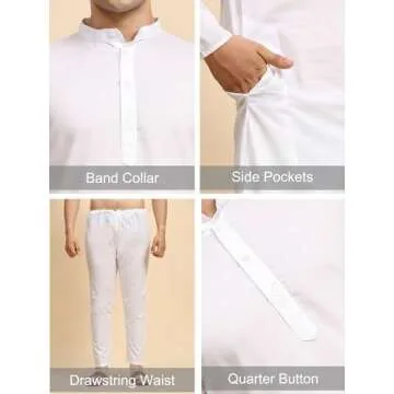 SKAVIJ Men's Tunic Cotton Kurta Pajama Indian Yoga Casual Dress Set (Large, White)