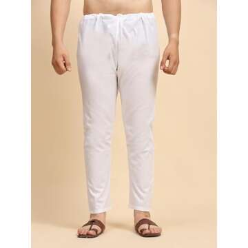 SKAVIJ Men's Tunic Cotton Kurta Pajama Indian Yoga Casual Dress Set (Large, White)