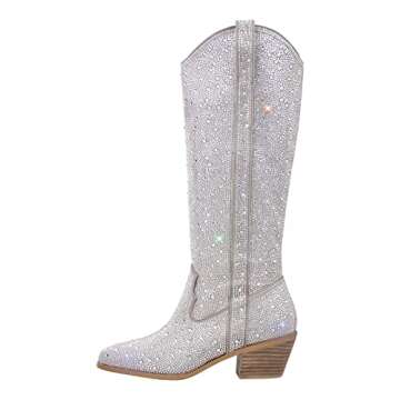 sexytag Rhinestone Boots for Women Knee High Chunky Low Heel Mid-calf Boots Pointed Toe Pull-On Ankl...