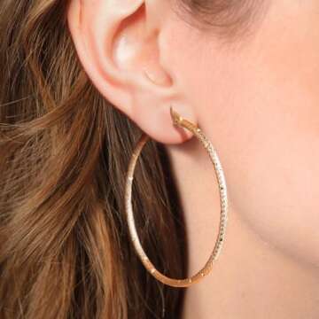 14K Gold Hoop Earrings for Women with Unique Textured Design and Latch Back Gold Plated Hoop 45mm