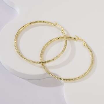 14K Gold Hoop Earrings for Women with Unique Textured Design and Latch Back Gold Plated Hoop 45mm