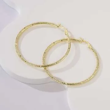 14K Gold Hoop Earrings for Women with Unique Textured Design and Latch Back Gold Plated Hoop 45mm