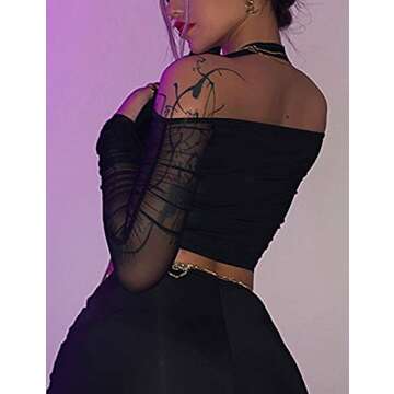 Sexy Halter Top Cold Shoulder Mesh Patchwork Long Sleeve Cropped T Shirts Women Trendy Going Out Y2k...