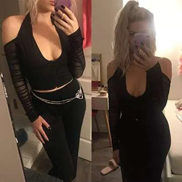 Sexy Halter Top Cold Shoulder Mesh Patchwork Long Sleeve Cropped T Shirts Women Trendy Going Out Y2k Deep V Neck Ruched Rave Corset Crop Tops (Black, XS)