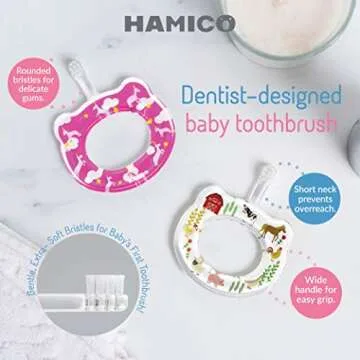 HAMICO Baby Toothbrush - Gentle, Extra-Soft Bristles | Easy Grasp | BPA Free | 2-Pack: Unicorns & Fa...