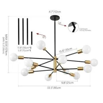 KAISITE Modern Chandelier 12-Light Sputnik Chandeliers Black and Gold Chandelier Light Fixtures for ...