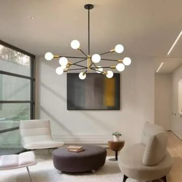 KAISITE Modern Chandelier 12-Light Sputnik Chandeliers Black and Gold Chandelier Light Fixtures for Dining Room Over Table Mid Century Height Adjustable High Ceiling Kitchen Farmhouse Chandelier