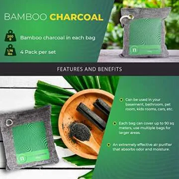 Bamboo Charcoal Bags - Odor Absorber Made of 100% Bamboo and Linen with Dehumidifier for Moisture Control that is Safe for Air Purifier & Deodorizers and comes in 4 200g Pouches Per Pack