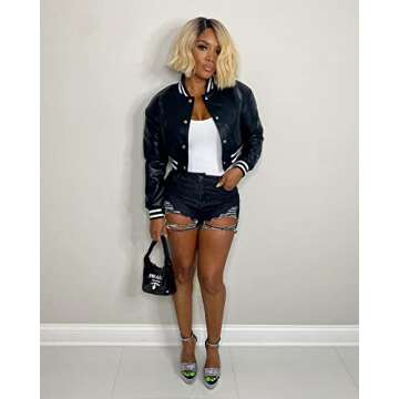 Doweha Women Faux Black Leather Jacket Light Moto Bomber Jackets Cropped Letterman Baseball Jacket F...