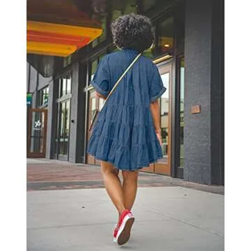 TheyLook Womens Denim Babydoll Dresses Button Down Tiered Jean Dress