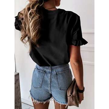 PRETTYGARDEN Women's Short Sleeve Casual T Shirts Summer Ruffle Plain Round Neck Loose Fit Tee Blous...