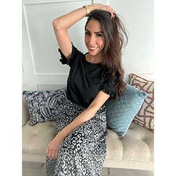 PRETTYGARDEN Women's Short Sleeve Casual T Shirts Summer Ruffle Plain Round Neck Loose Fit Tee Blouse Tops Black