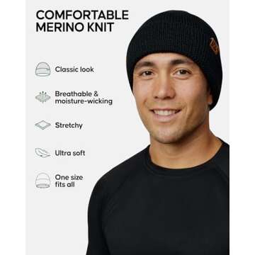 DANISH ENDURANCE Merino Wool Beanie for Men & Women, Knitted Winter Hat, Black, One Size