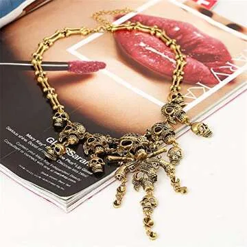 LZHLQ Jewelry Fashion Multi-Level Pirate Skull Tassel Charm Necklace Collar Bib for Women Horror Necklace Punk (Golden-01)