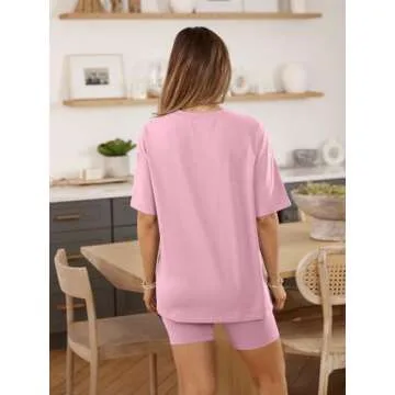 AUTOMET Womens 2 Piece Sets Summer Outfits 2025 Two Piece Lounge Set Matching Clothing Oversized Tshirts Biker Short Fashion Pink M
