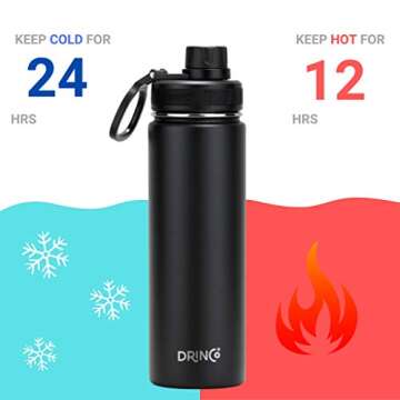 Drinco Stainless Steel Water Bottle Spout Lid Vacuum Insulated Double Wall Water Bottle Wide Mouth (40oz 32oz 22oz 18oz 14oz) Leak Proof Keep Cold Sport Camping Hiking (22 oz, 22oz Black)