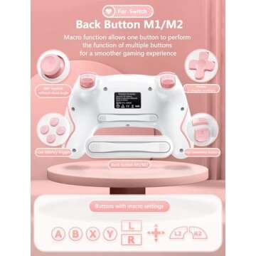 Matbip Switch pro controller, Wireless Pro Controller for Switch/Switch Lite/Switch OLED, switch controller with 2 back buttons, 3-level TURBO adjustable (Pink)