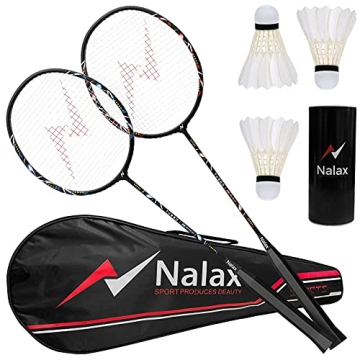 Nalax Badminton Set - 2 Carbon Fiber Rackets with 3 Shuttlecocks and Carrying Bag for Family Fun Out...