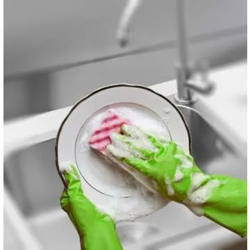 Cleanbear Synthetic Rubber Gloves, Medium Size, 11.8 Inches, 3 Pairs 3 Colors for Household Cleaning, Dishwashing and Other Home Cleaning Use