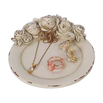 S-MANTIS Vintage Tray Antique Trinket Dish, Round Small, Rings Earrings Holder with Sophisticated 3D Floral Decoration, Mini Storage Organizer, Gift, Aesthetic Room Decor (Distressed White Flower)
