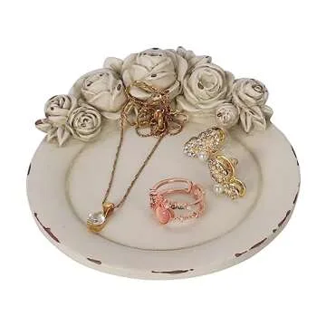 S-MANTIS Vintage Tray Antique Trinket Dish, Round Small, Rings Earrings Holder with Sophisticated 3D Floral Decoration, Mini Storage Organizer, Gift, Aesthetic Room Decor (Distressed White Flower)