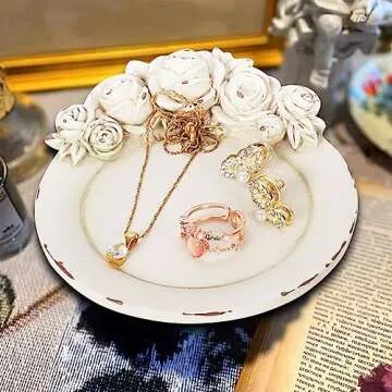 S-MANTIS Vintage Tray Antique Trinket Dish, Round Small, Rings Earrings Holder with Sophisticated 3D Floral Decoration, Mini Storage Organizer, Gift, Aesthetic Room Decor (Distressed White Flower)