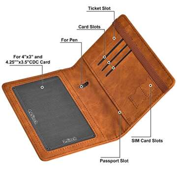 HerriaT Passport and Vaccine Card Holder Combo,Cover Case with CDC Vaccination Card Slot, Leather Travel Documents Organizer Protector, with RFID Blocking, for Women and Men