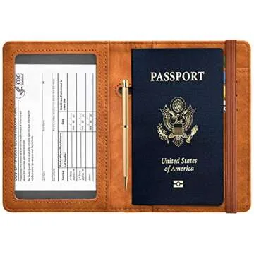 HerriaT Passport and Vaccine Card Holder Combo,Cover Case with CDC Vaccination Card Slot, Leather Travel Documents Organizer Protector, with RFID Blocking, for Women and Men