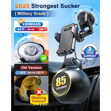 VANMASS 【85+LBS Strongest Suction & Military-Grade 2025 Ultimate Car Phone Mount【Patent & Safety Certs】 Cell Phone Holder Truck Stand for Dashboard Windshield Vent for iPhone 16 15 Pro Max 14 Samsung