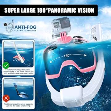 Odoland 5-in-1 Snorkel Set, Anti-Fog 180° Full Face Snorkel Mask with Sidemount Pipe, Adjustable Fins, Beach Blanket, Waterproof Case and Mesh Bag, Snorkeling Gear for Adults Men Women Pink S
