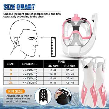 Odoland 5-in-1 Snorkel Set, Anti-Fog 180° Full Face Snorkel Mask with Sidemount Pipe, Adjustable Fins, Beach Blanket, Waterproof Case and Mesh Bag, Snorkeling Gear for Adults Men Women Pink S