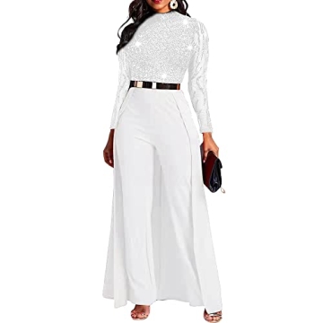 IWFEV Fashion Elegant Full Length Women's Sequins Jumpsuit XL White