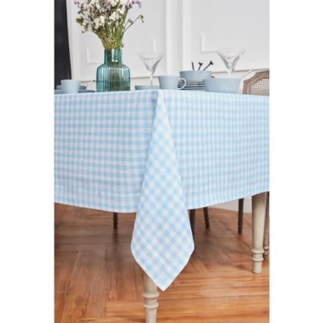 Elegant Solino Gingham Check Linen Tablecloth in Blue