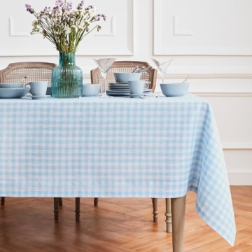 Elegant Solino Gingham Check Linen Tablecloth in Blue