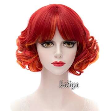 KiyaCos Women Girl's Yellow Rainbow Red Short Curly Wavy Layered Lovely Harajuku Cosplay Wigs Halloween Costume Hair