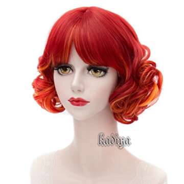 KiyaCos Women Girl's Yellow Rainbow Red Short Curly Wavy Layered Lovely Harajuku Cosplay Wigs Halloween Costume Hair