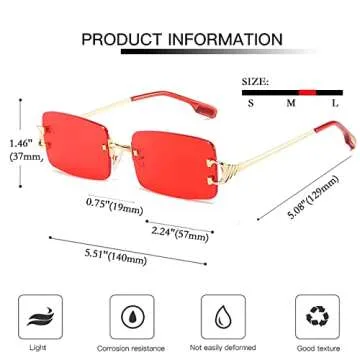 SDinm Rimless Sunglasses 90s Frameless Rectangle Tinted Lens Eyewear Red Sunglasses for Women Men