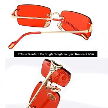 SDinm Rimless Sunglasses 90s Frameless Rectangle Tinted Lens Eyewear Red Sunglasses for Women Men