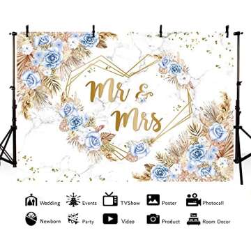 MEHOFOND 7x5ft Blue Boho Floral Mr and Mrs Backdrop for Wedding Blue White Flowers Bridal Shower Pho...