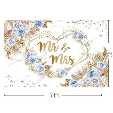 MEHOFOND 7x5ft Blue Boho Floral Mr and Mrs Backdrop for Wedding Blue White Flowers Bridal Shower Photography Background Hearts Geometric Couple Wedding Party Decor Bride to Be Engagement Photo Props