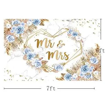 MEHOFOND 7x5ft Blue Boho Floral Mr and Mrs Backdrop for Wedding Blue White Flowers Bridal Shower Photography Background Hearts Geometric Couple Wedding Party Decor Bride to Be Engagement Photo Props