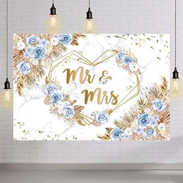 MEHOFOND 7x5ft Blue Boho Floral Mr and Mrs Backdrop for Wedding Blue White Flowers Bridal Shower Photography Background Hearts Geometric Couple Wedding Party Decor Bride to Be Engagement Photo Props