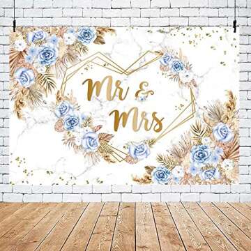 MEHOFOND 7x5ft Blue Boho Floral Mr and Mrs Backdrop for Wedding Blue White Flowers Bridal Shower Photography Background Hearts Geometric Couple Wedding Party Decor Bride to Be Engagement Photo Props