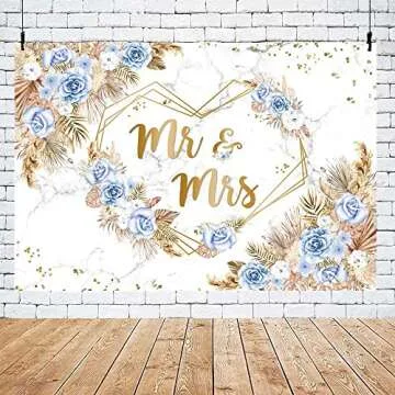 MEHOFOND 7x5ft Blue Boho Floral Mr and Mrs Backdrop for Wedding Blue White Flowers Bridal Shower Photography Background Hearts Geometric Couple Wedding Party Decor Bride to Be Engagement Photo Props
