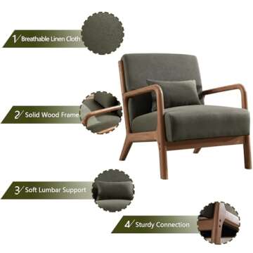 INZOY Mid Century Modern Accent Chair with Wood Frame, Upholstered Living Room Chairs with Waist Cushion, Reading Armchair for Bedroom Sunroom (Green)
