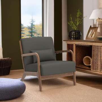 INZOY Mid Century Modern Accent Chair with Wood Frame, Upholstered Living Room Chairs with Waist Cushion, Reading Armchair for Bedroom Sunroom (Green)