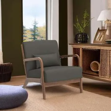 INZOY Mid Century Modern Accent Chair with Wood Frame, Upholstered Living Room Chairs with Waist Cushion, Reading Armchair for Bedroom Sunroom (Green)